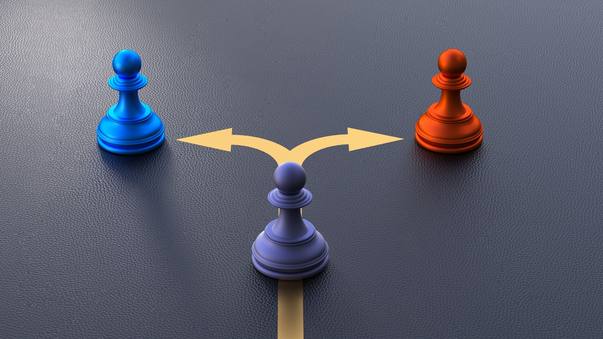 Chess Piece at a Crossroads with Red and Blue Arrows Representing a Decision-Making Concept. 3D Rendering.