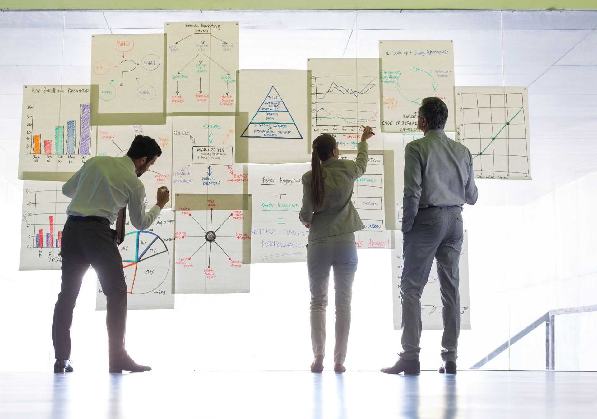 Business people working with charts and graphs on glass wall